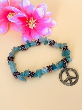 Green Jedite  beaded bracelet peace sign charm & copper spacers